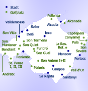 Golfplätze auf Mallorca, anklicken um eine große Karte anzuzeigen Karte Golfplätze und einige Städte auf Mallorca